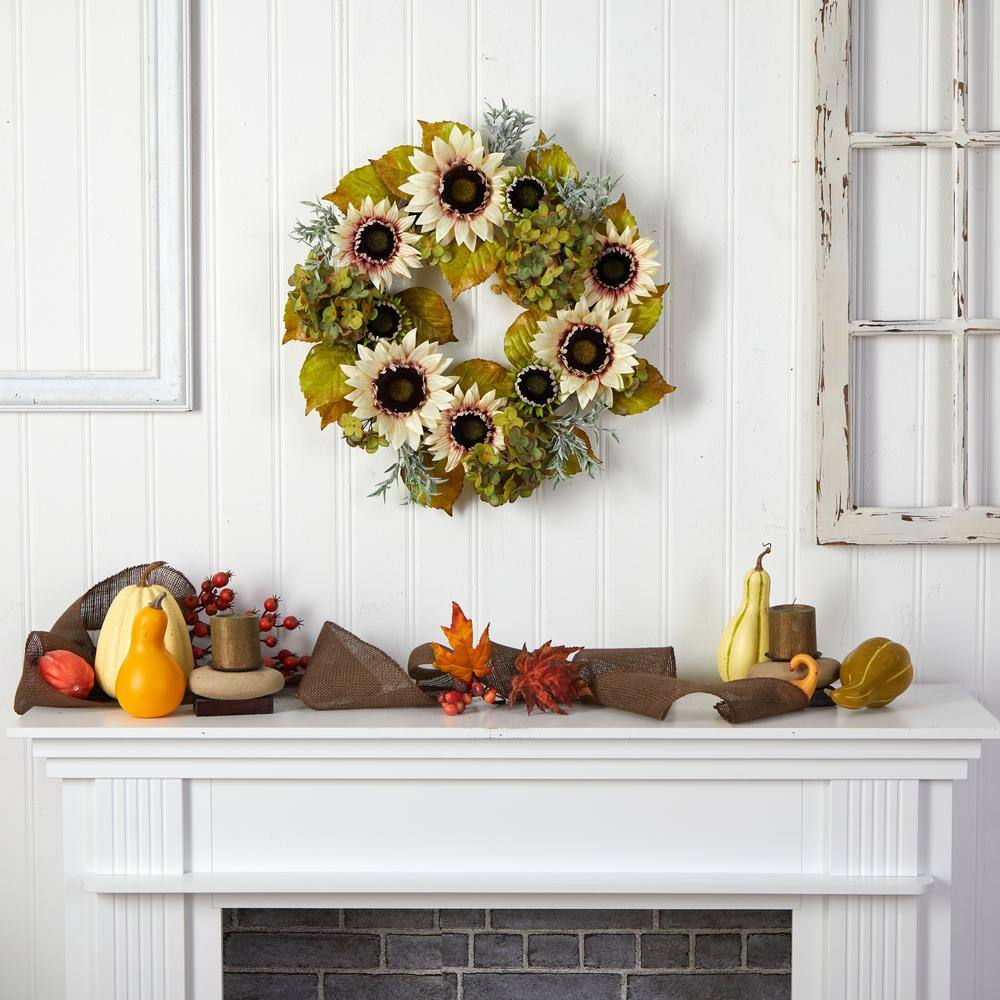 Nearly Natural 24 in. Orange and White Sunflower and Hydrangea Artificial Autumn Wreath