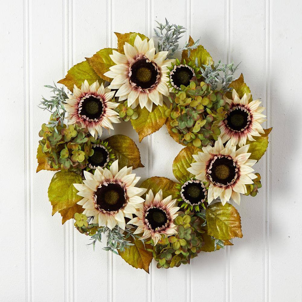 Nearly Natural 24 in. Orange and White Sunflower and Hydrangea Artificial Autumn Wreath