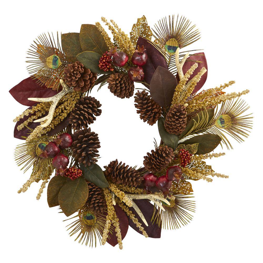 Nearly Natural 27in. Artificial Unlit Artificial Holiday Wreath with Magnolia Leaf, Berry, Antler and Peacock Feather