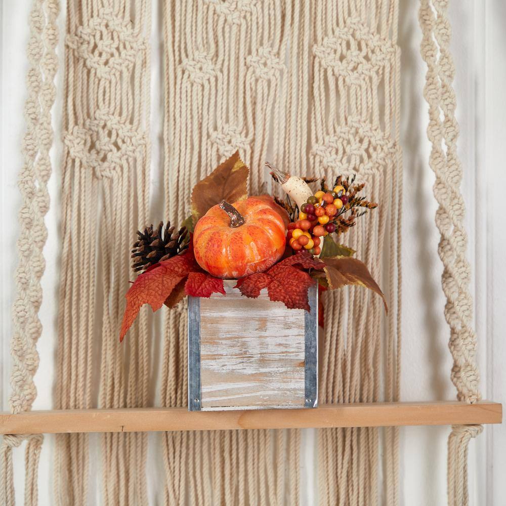 Nearly Natural 8 in. Orange Fall Pumpkin, Gourd, Berries and Pinecones Artificial Autumn Arrangement in Natural Washed Vase