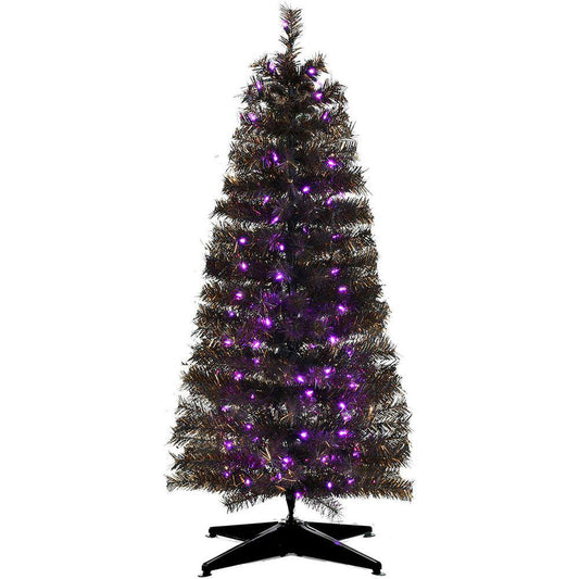 48 in. Halloween Black Tinsel Tree with Purple LED Lights