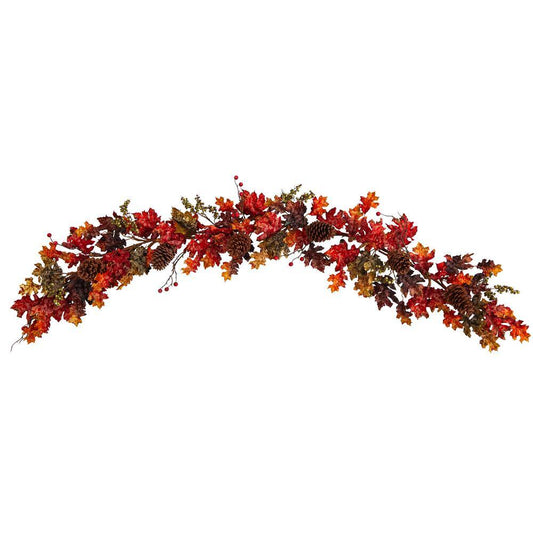 Nearly Natural 6 ft. Orange Autumn Maple Leaves, Berry and Pinecones Fall Artificial Garland