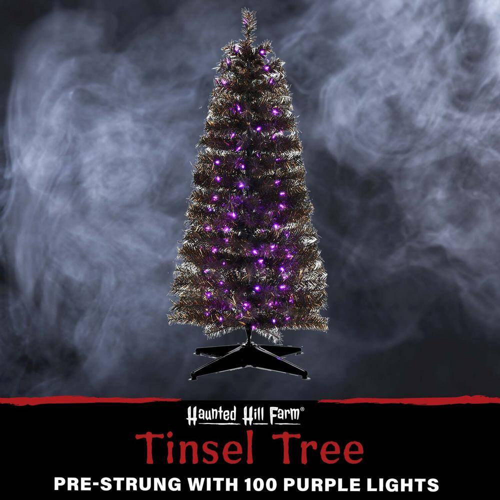 48 in. Halloween Black Tinsel Tree with Purple LED Lights