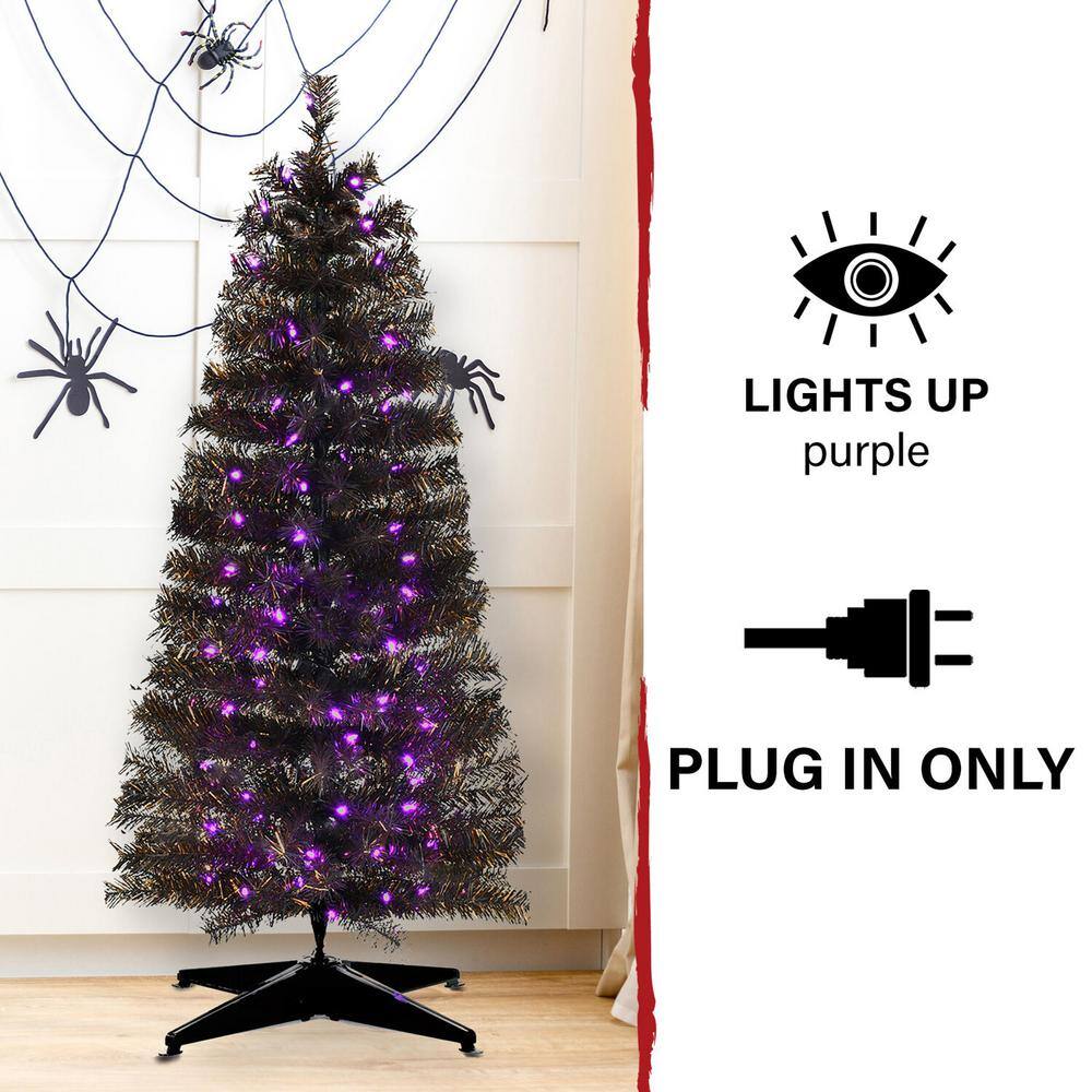 48 in. Halloween Black Tinsel Tree with Purple LED Lights