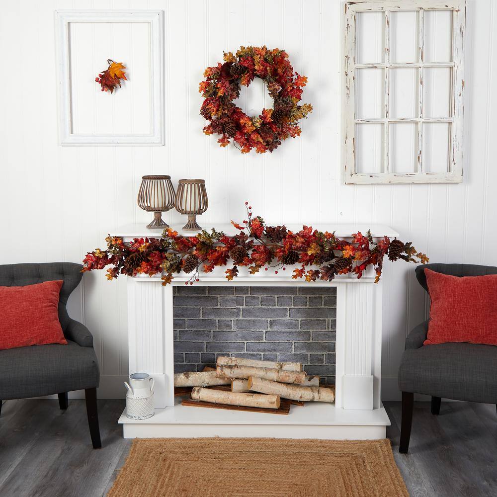 Nearly Natural 6 ft. Orange Autumn Maple Leaves, Berry and Pinecones Fall Artificial Garland