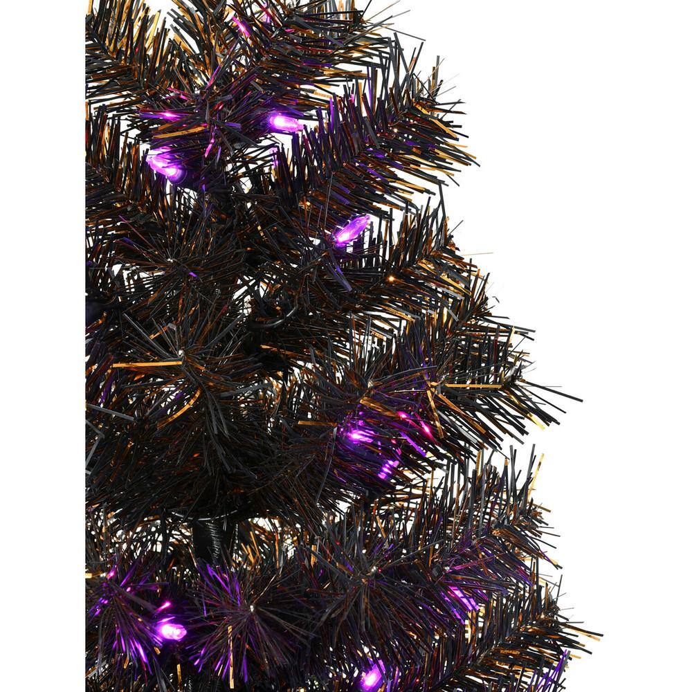 48 in. Halloween Black Tinsel Tree with Purple LED Lights