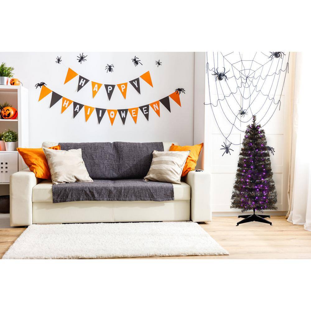 48 in. Halloween Black Tinsel Tree with Purple LED Lights