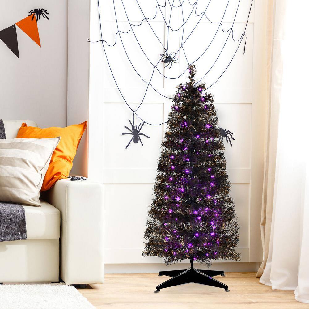 48 in. Halloween Black Tinsel Tree with Purple LED Lights