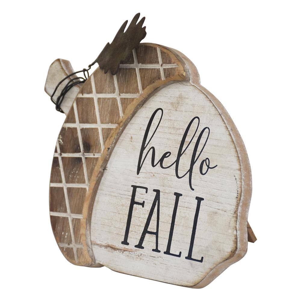 7.25 in. Hello Fall Farmhouse Wood Acorn Accent Tabletop Decor with Metal Leaf