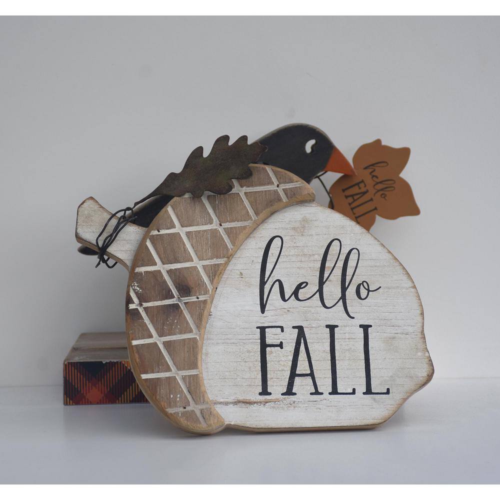 7.25 in. Hello Fall Farmhouse Wood Acorn Accent Tabletop Decor with Metal Leaf