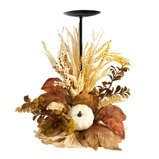 Nearly Natural 12 in. Cream Autumn Harvest and Pumpkin Fall Candle Holder