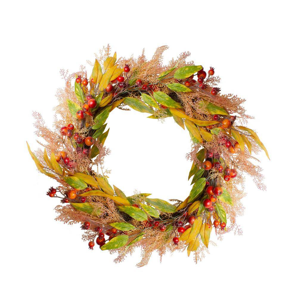 Northlight 24 in. Yellow and Orange Unlit Berry and Leaves Fall Harvest Artificial Wreath