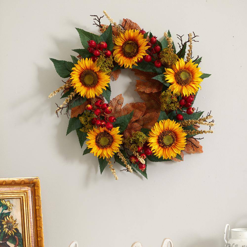 Nearly Natural 27in. Artificial Unlit Artificial Holiday Wreath with Sunflower Berry