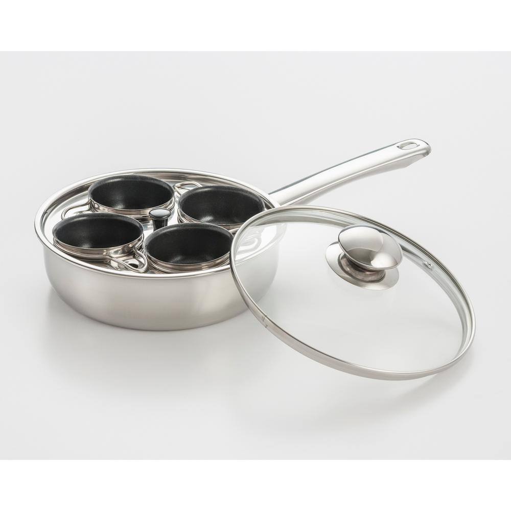 ExcelSteel Professional 4-Cup Stainless Steel Egg Poacher with Glass Lid