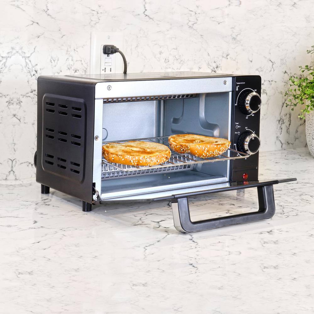 Total Chef 4-Slice Toaster Oven, 1000W, Black Compact Design with Baking Pan and Toasting Rack