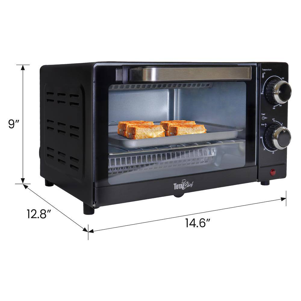 Total Chef 4-Slice Toaster Oven, 1000W, Black Compact Design with Baking Pan and Toasting Rack