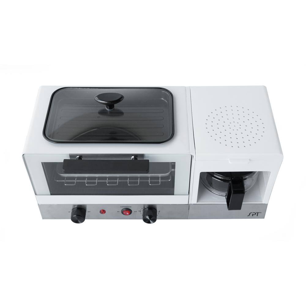 SPT Breakfast Center 1450 W 2-Slice White and Stainless Steel Toaster Oven with Griddle and Coffee Maker