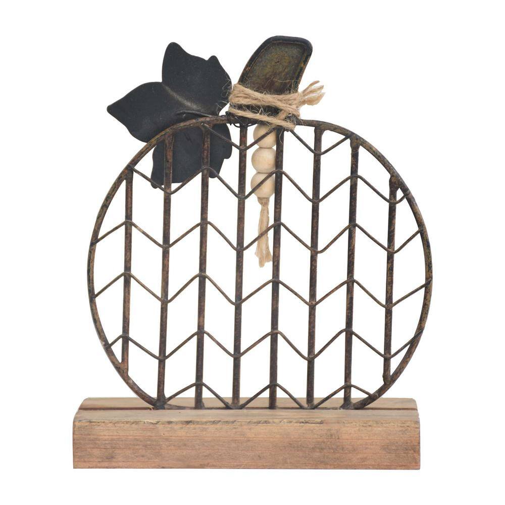 8.5 in. H Rustic Brown Wood and Metal Pumpkin Accent Tabletop Decor