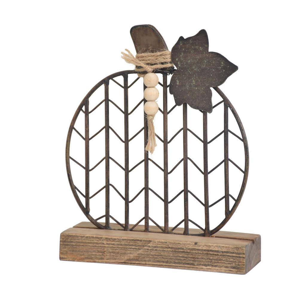 8.5 in. H Rustic Brown Wood and Metal Pumpkin Accent Tabletop Decor