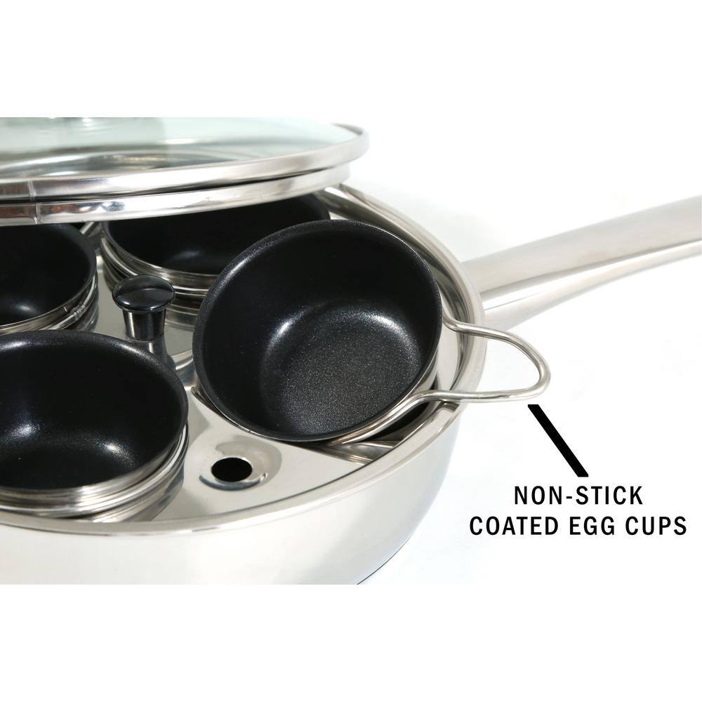 ExcelSteel Professional 4-Cup Stainless Steel Egg Poacher with Glass Lid