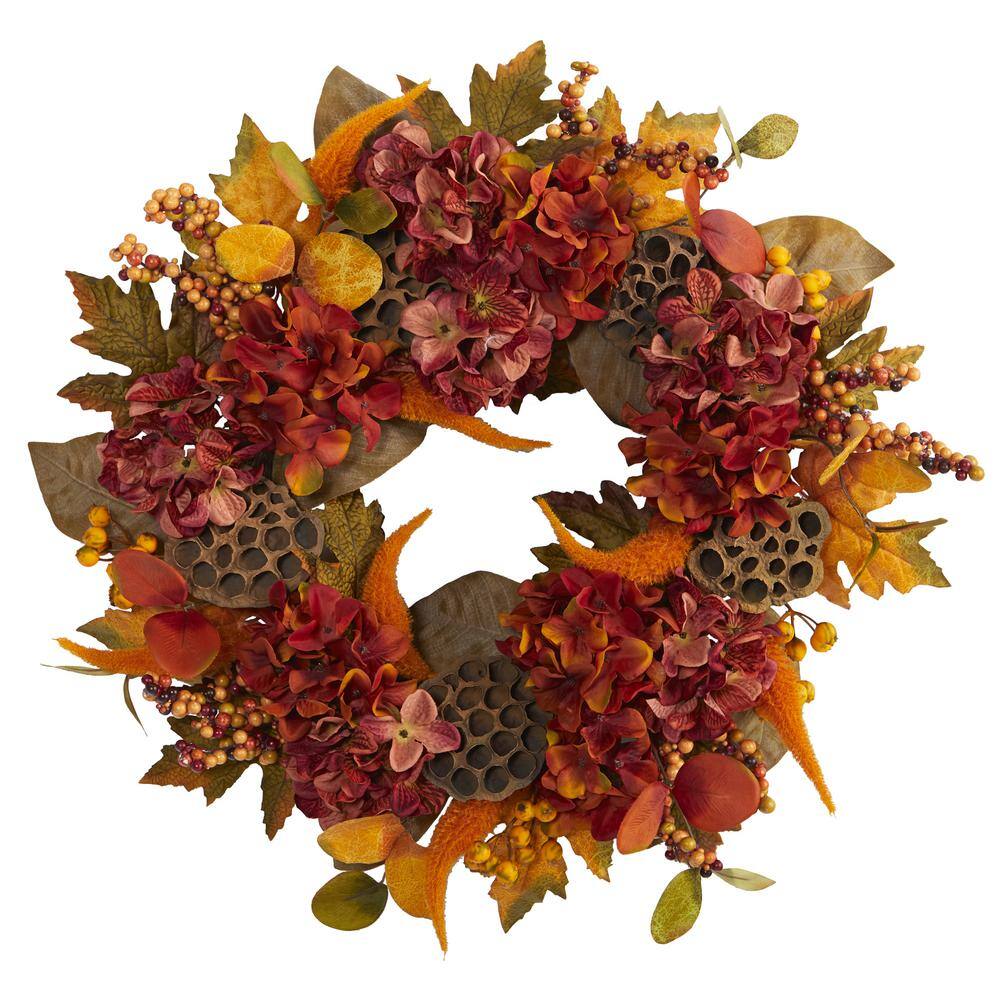 Nearly Natural 24 in. Fall Hydrangea, Lotus and Berries Artificial Wreath