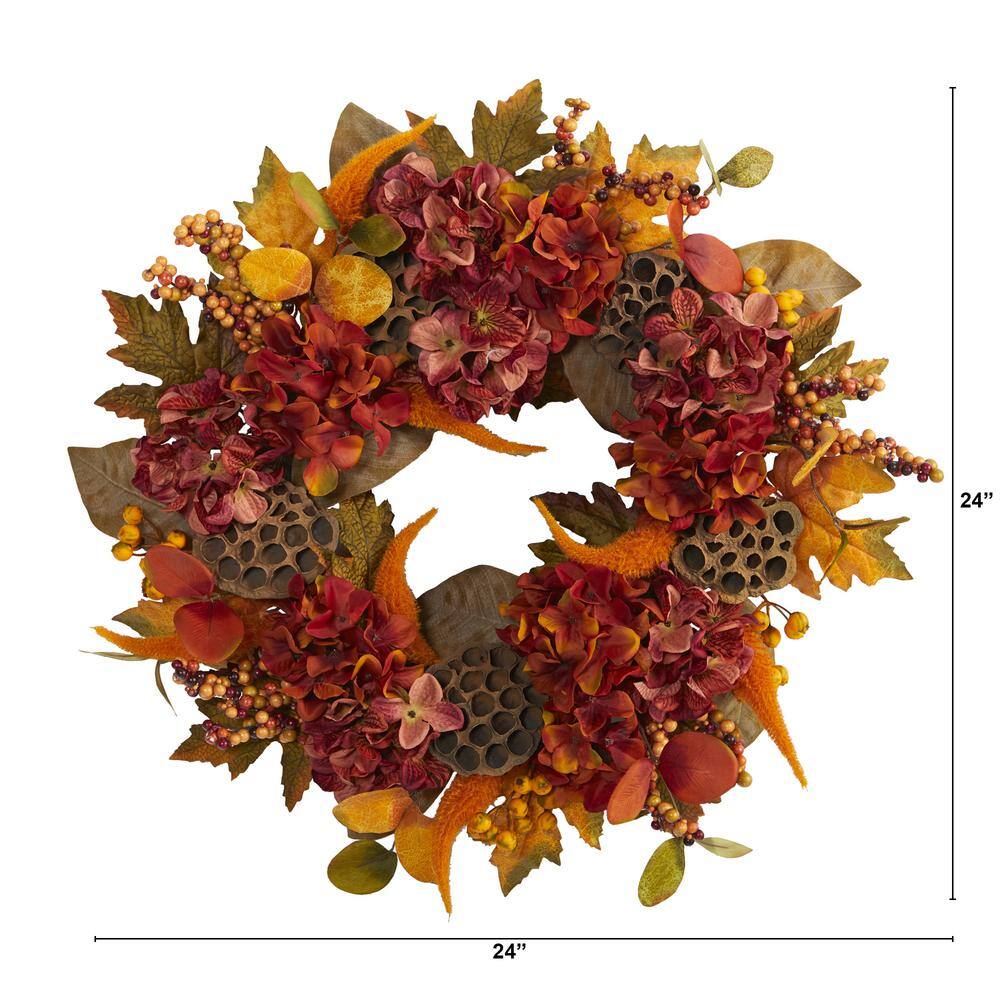 Nearly Natural 24 in. Fall Hydrangea, Lotus and Berries Artificial Wreath