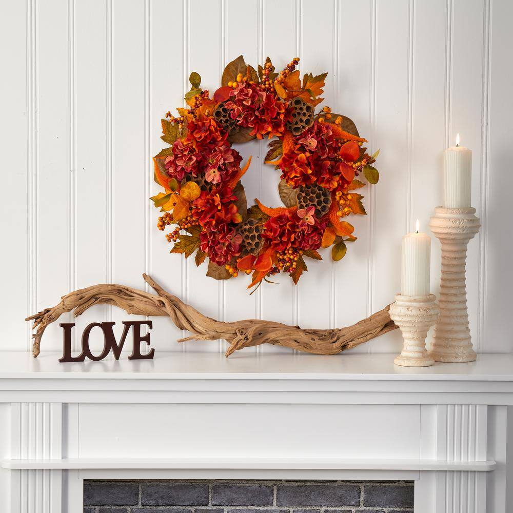 Nearly Natural 24 in. Fall Hydrangea, Lotus and Berries Artificial Wreath