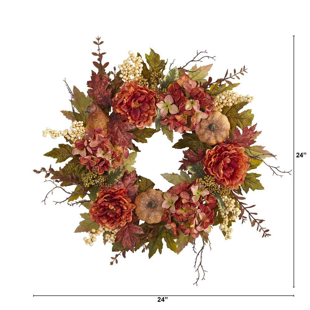 Nearly Natural 24 in. Fall Peony, Hydrangea and Pumpkin Artificial Wreath