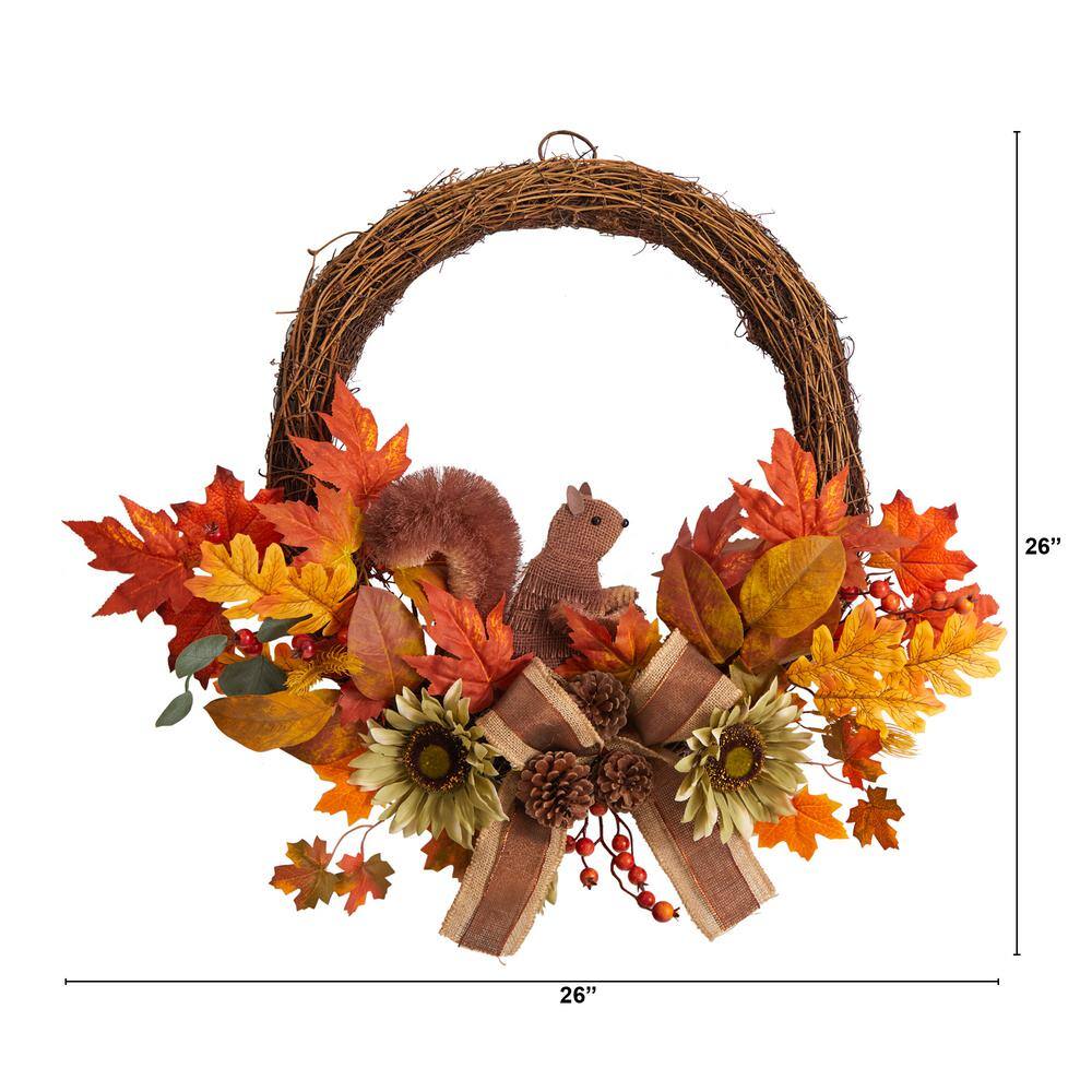 Nearly Natural 26 in. Orange Fall Harvest Artificial Autumn Wreath with Twig Base and Bunny