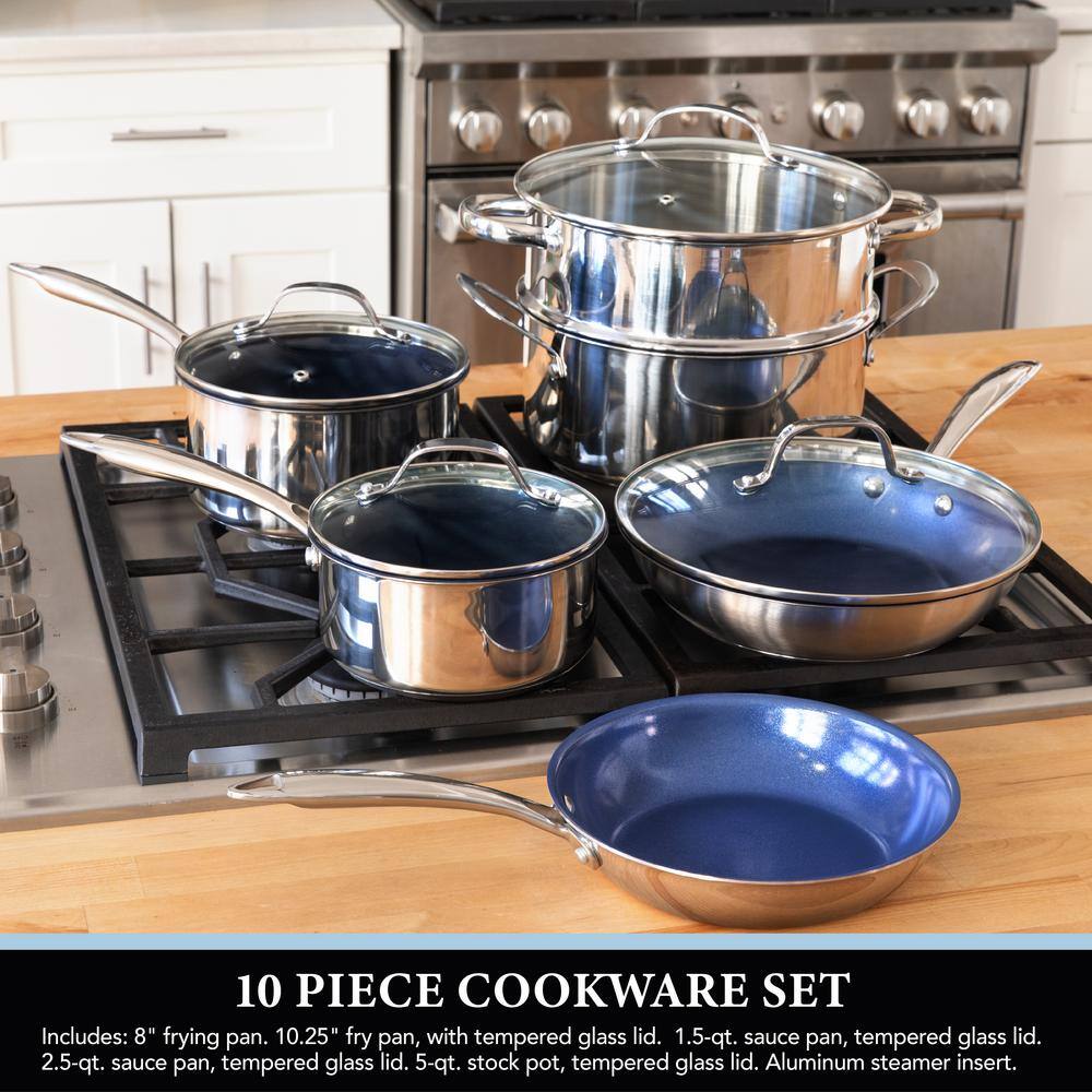 GRANITESTONE Classic Blue 10-Piece Stainless Steel Tri-Ply Nonstick Diamond Infused Coating Cookware Set