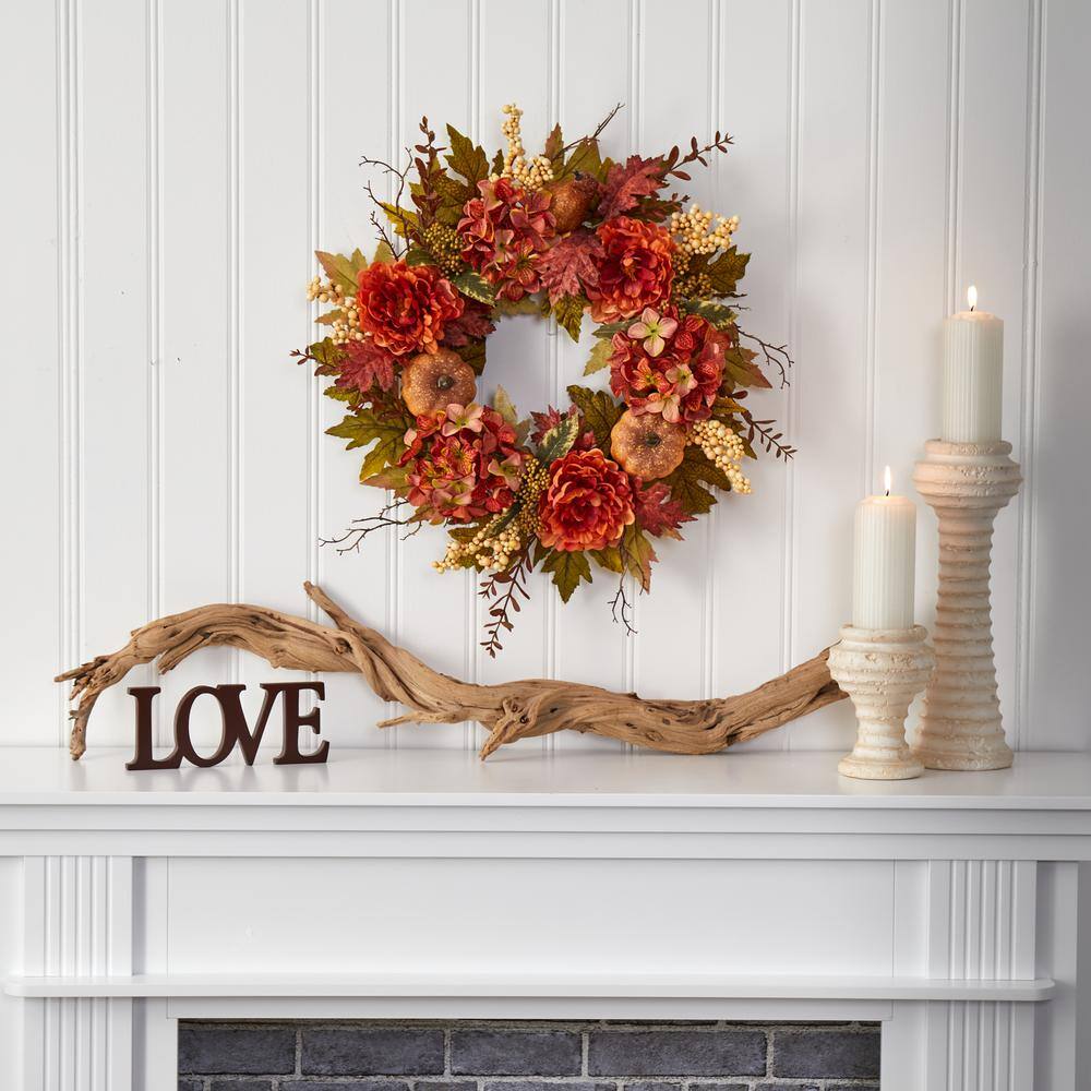 Nearly Natural 24 in. Fall Peony, Hydrangea and Pumpkin Artificial Wreath