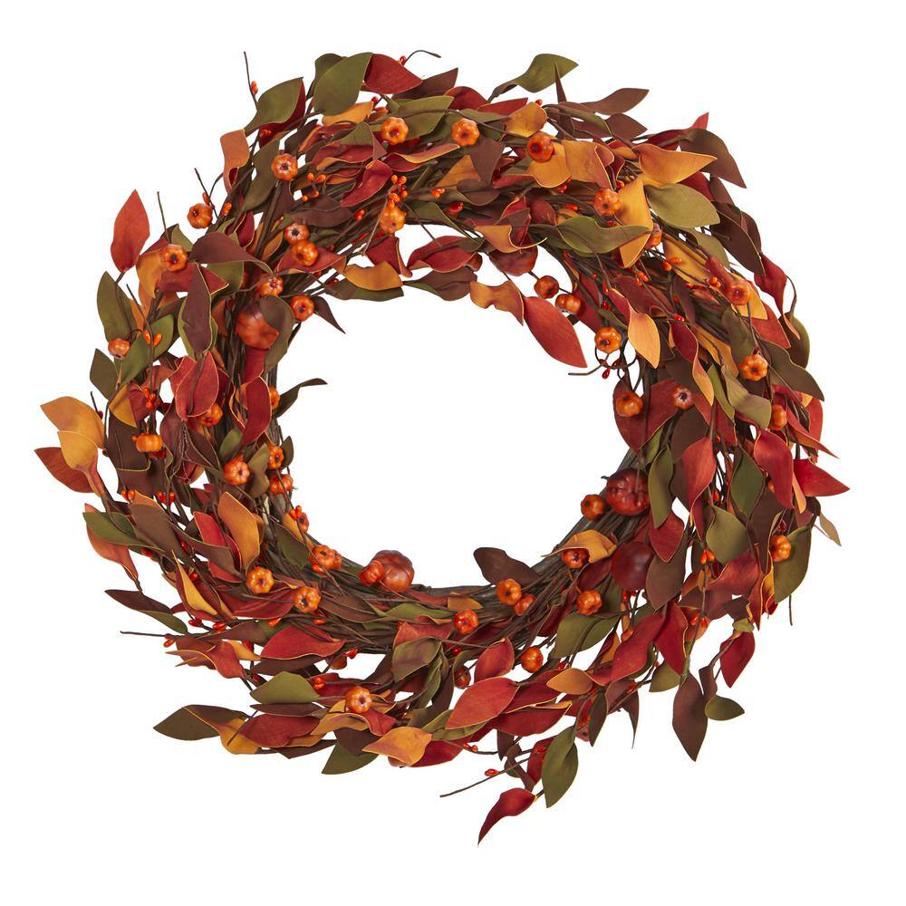 Nearly Natural 20 in. Harvest Leaf and Mini Pumpkin Artificial Wreath