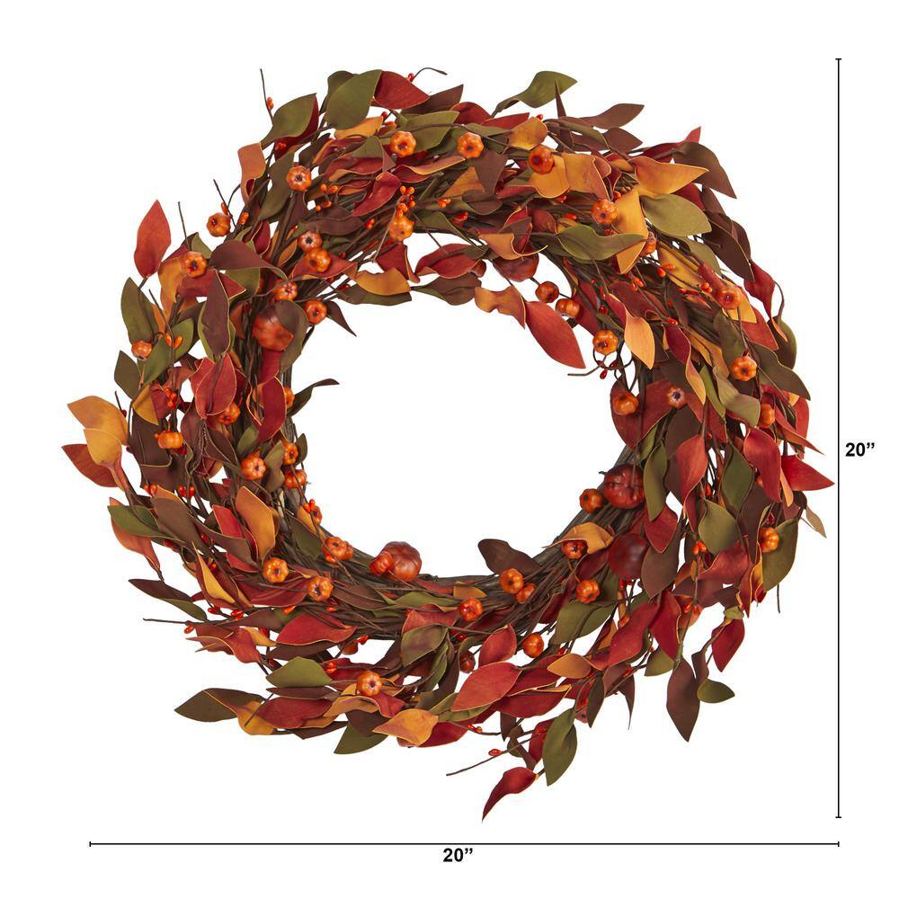 Nearly Natural 20 in. Harvest Leaf and Mini Pumpkin Artificial Wreath