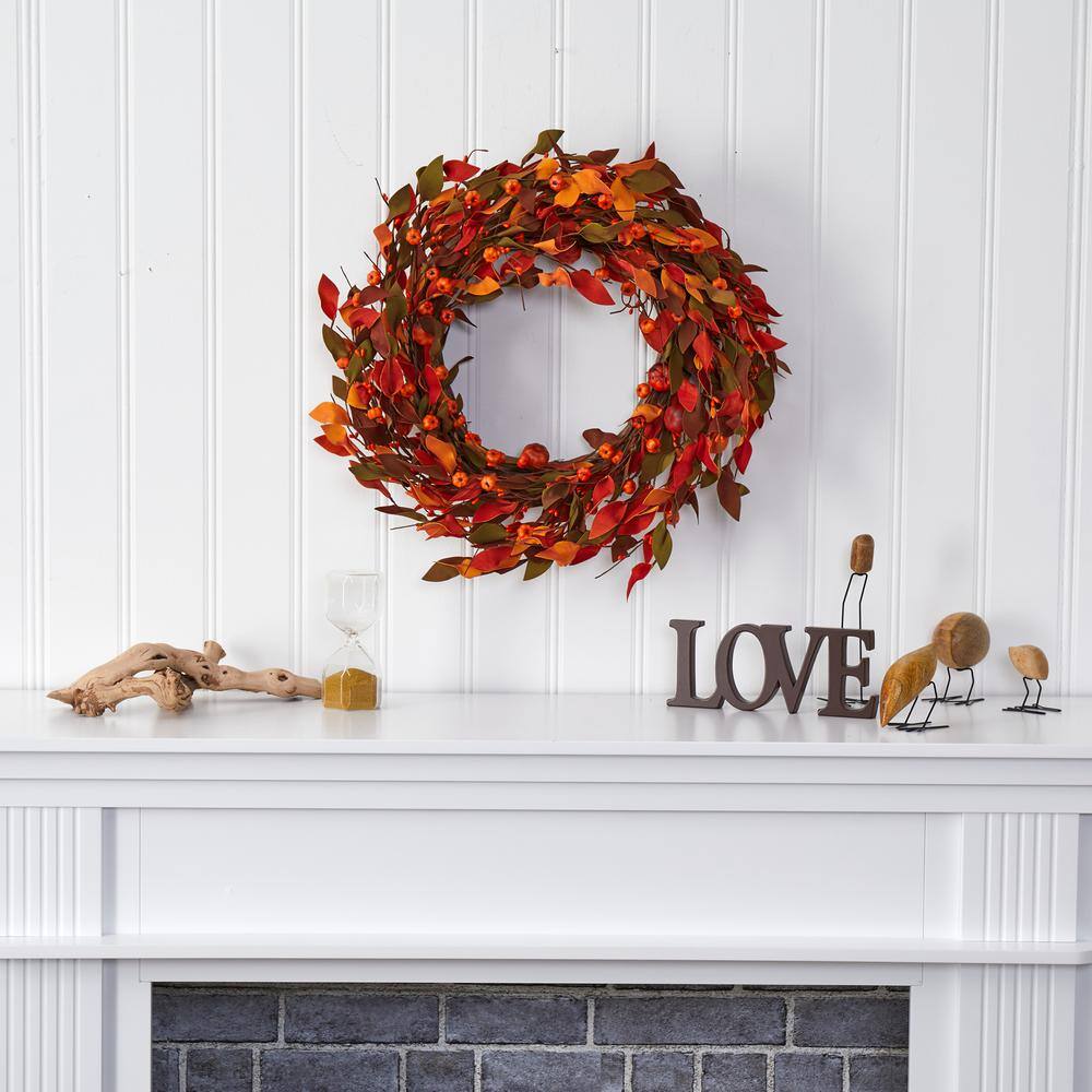 Nearly Natural 20 in. Harvest Leaf and Mini Pumpkin Artificial Wreath