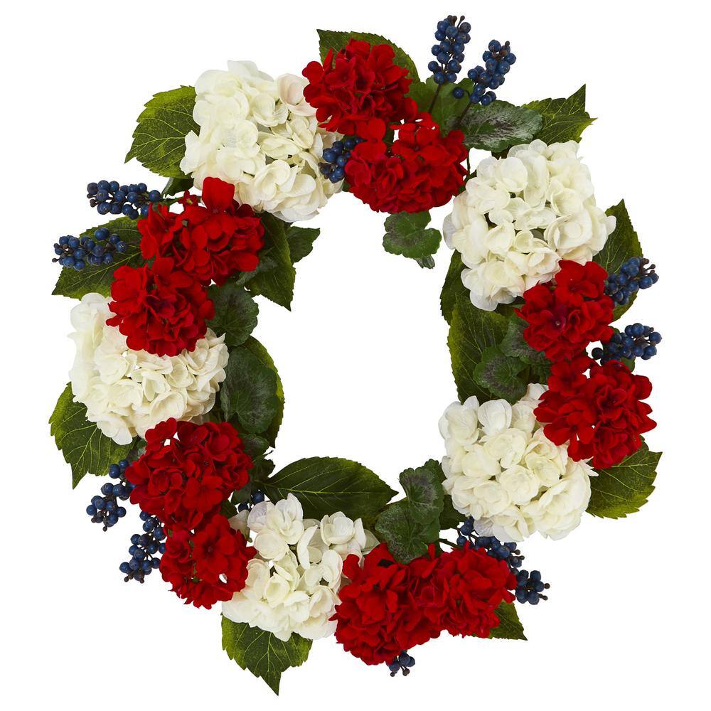 Nearly Natural 21in. Artificial Unlit Artificial Holiday Wreath with Geranium and Blue Berry