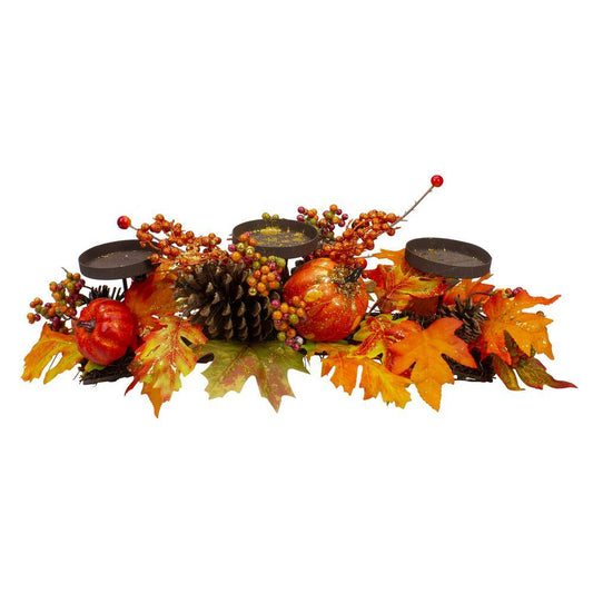 Northlight 4 in. H x 21 in. W Orange Fall Harvest Leaves and Pumpkins Candle Holder