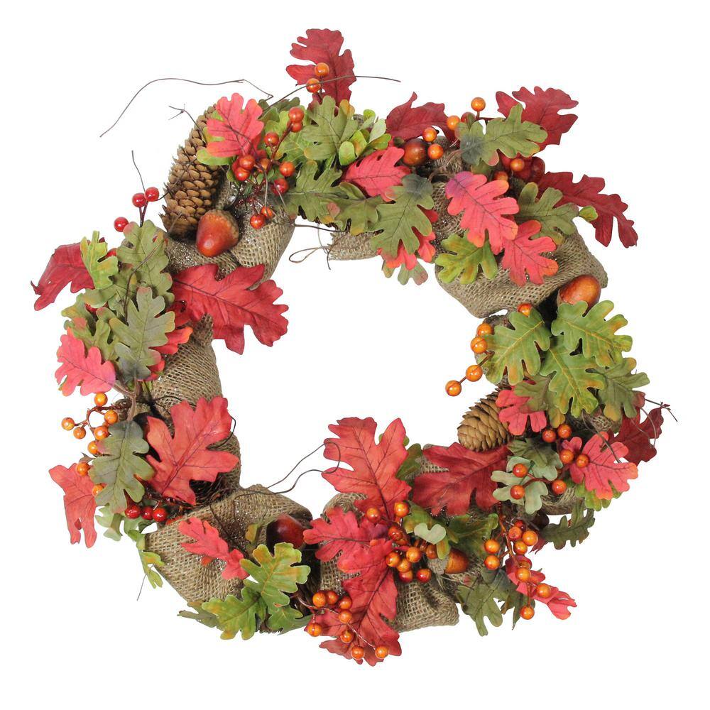 Northlight 18 in. Artificial Unlit Autumn Harvest Acorn Berry and Burlap Rustic Thanksgiving Wreath