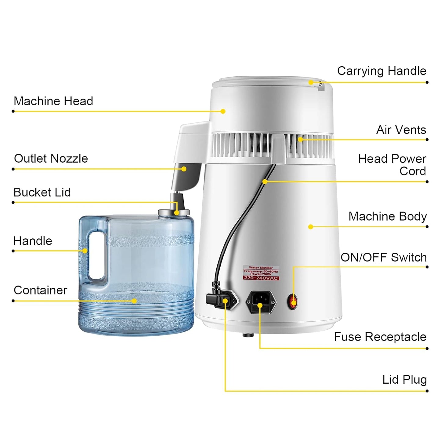 VEVOR Water Distiller 750 Watt Purifier Filter 1.1 Gal. Fully Upgraded Distilling Pure Water Machine with Handle, White