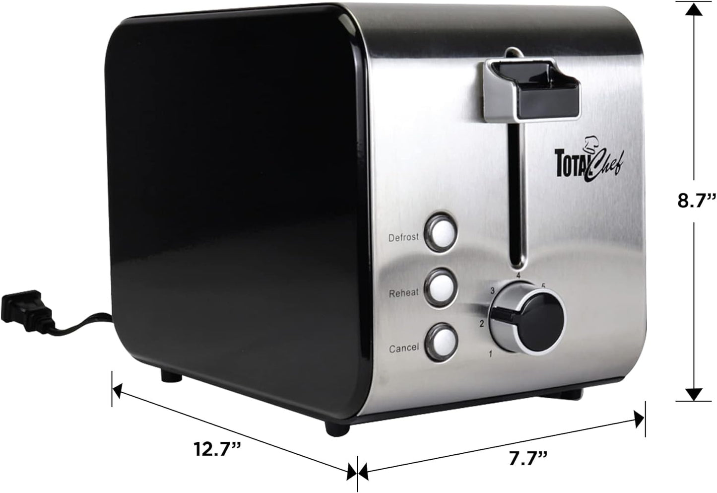 Total Chef 2 Slice Compact Wide Slot Toaster, 7 Shade Settings, Defrost and Reheat, Stainless Steel