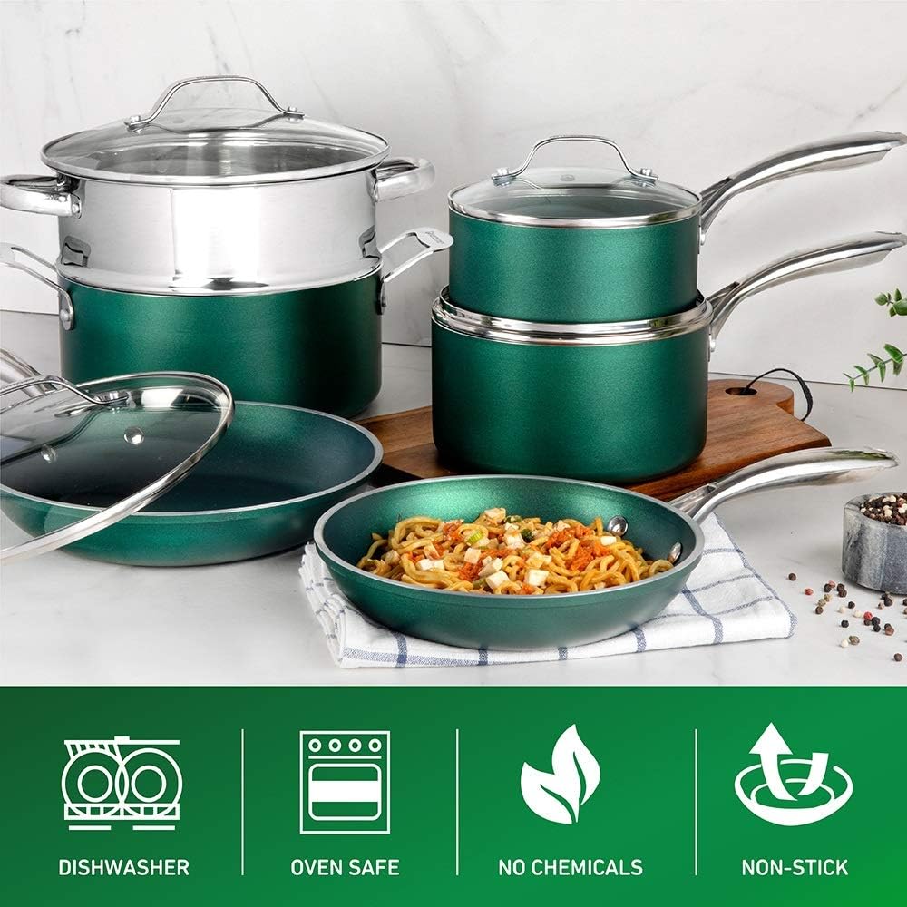 GRANITESTONE 15-Piece Aluminum Ultra-Durable Non-Stick Diamond Infused Cookware and Bakeware Set in Emerald Green