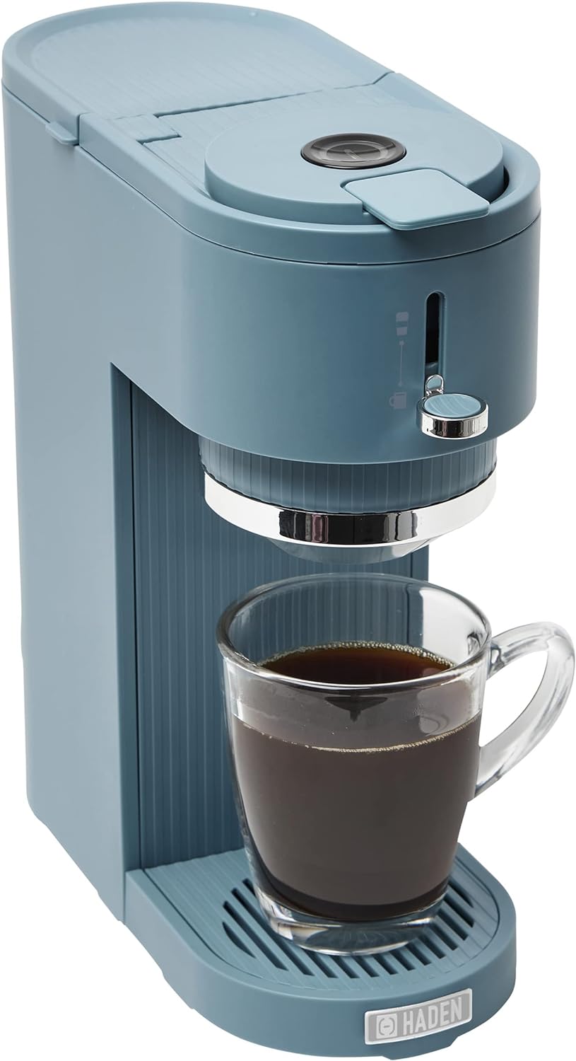 HADEN 1-Cup Single-Serve Sky Blue/Chrome Coffee Maker with Attachments for Single-Serve Pods and Ground Coffee