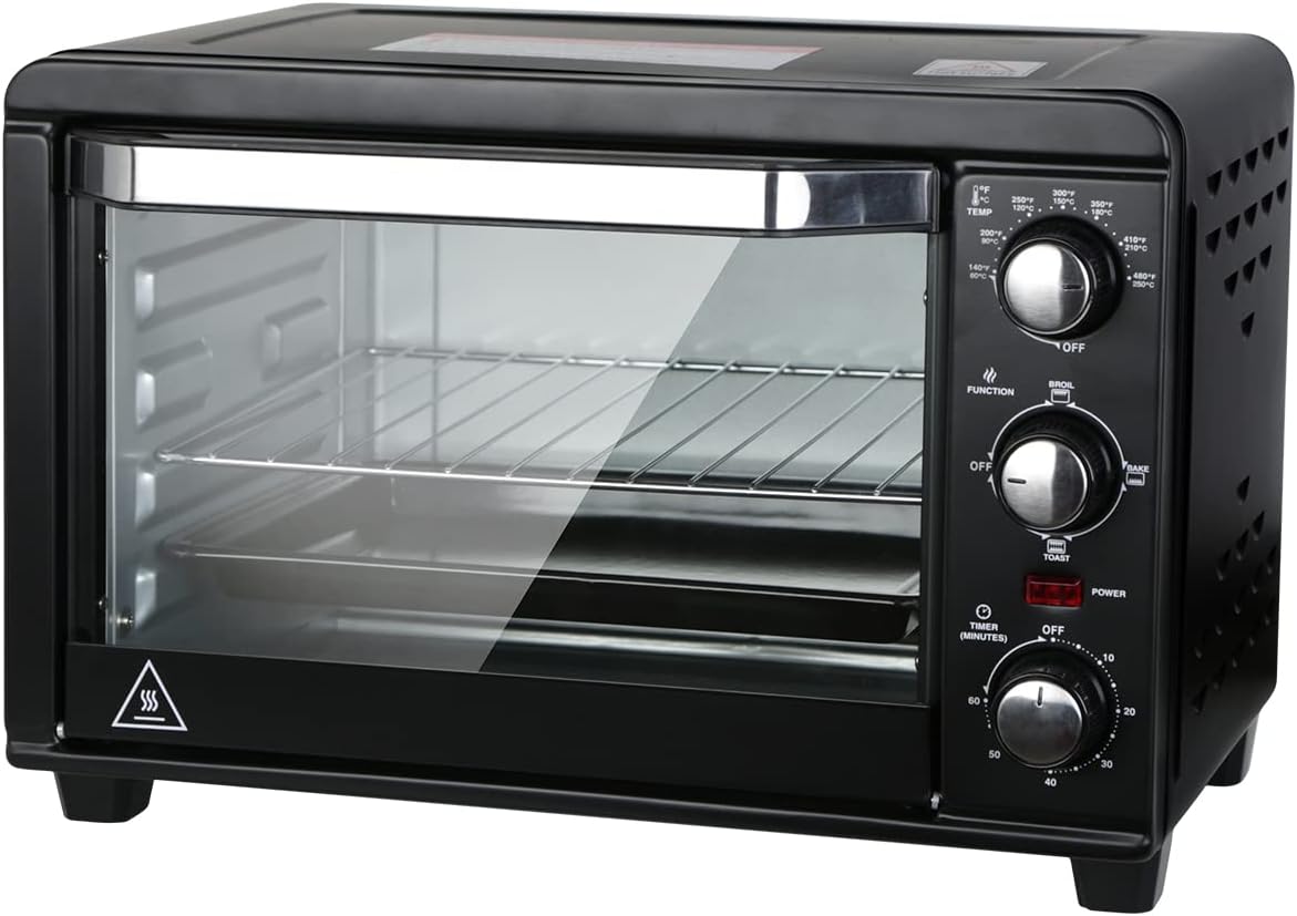 Tileon 1200W 6-Slice Stainless Steel Black Toaster Oven with 20L Capacity Countertop Toaster in Timer-Bake-Broil-Toast Setting