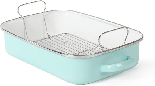 18 in. 8 qt. Martha Blue Enamel on Steel Oval Roasting Pan with Rack and Lid