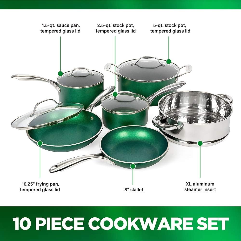 GRANITESTONE 15-Piece Aluminum Ultra-Durable Non-Stick Diamond Infused Cookware and Bakeware Set in Emerald Green