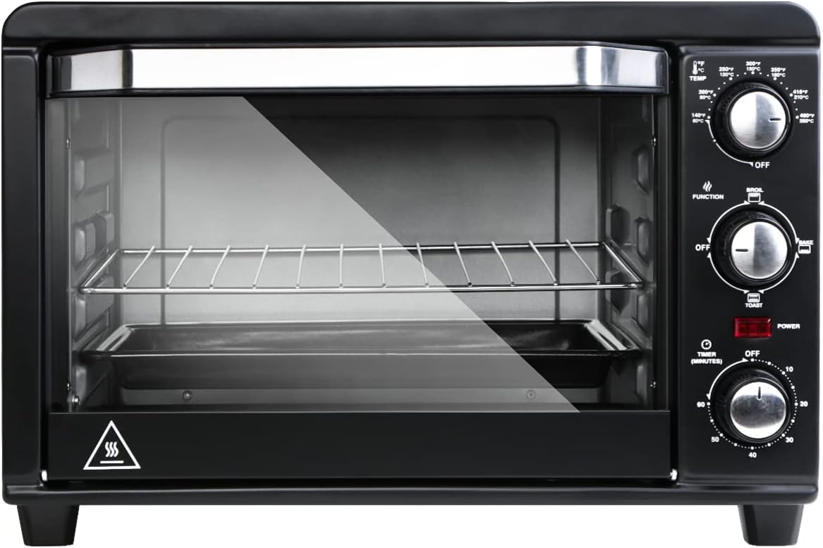 Tileon 1200W 6-Slice Stainless Steel Black Toaster Oven with 20L Capacity Countertop Toaster in Timer-Bake-Broil-Toast Setting