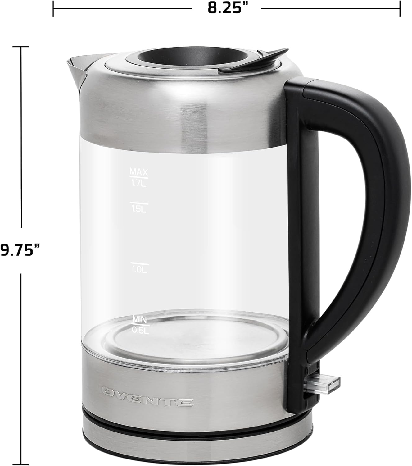 OVENTE 7-Cup 1.7 l Silver Glass Electric Kettle with ProntoFill Technology-Fill Up with Lid On