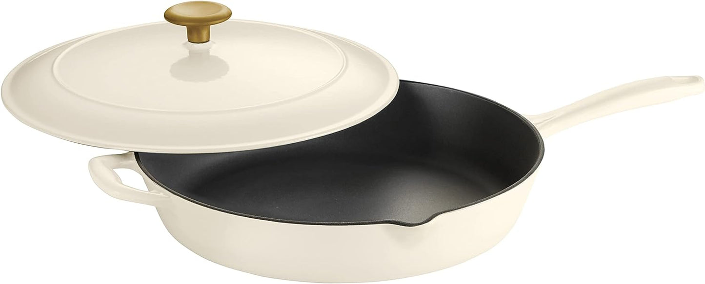 Tramontina Gourmet 12 in. Enameled Cast Iron Skillet in Latte with Lid