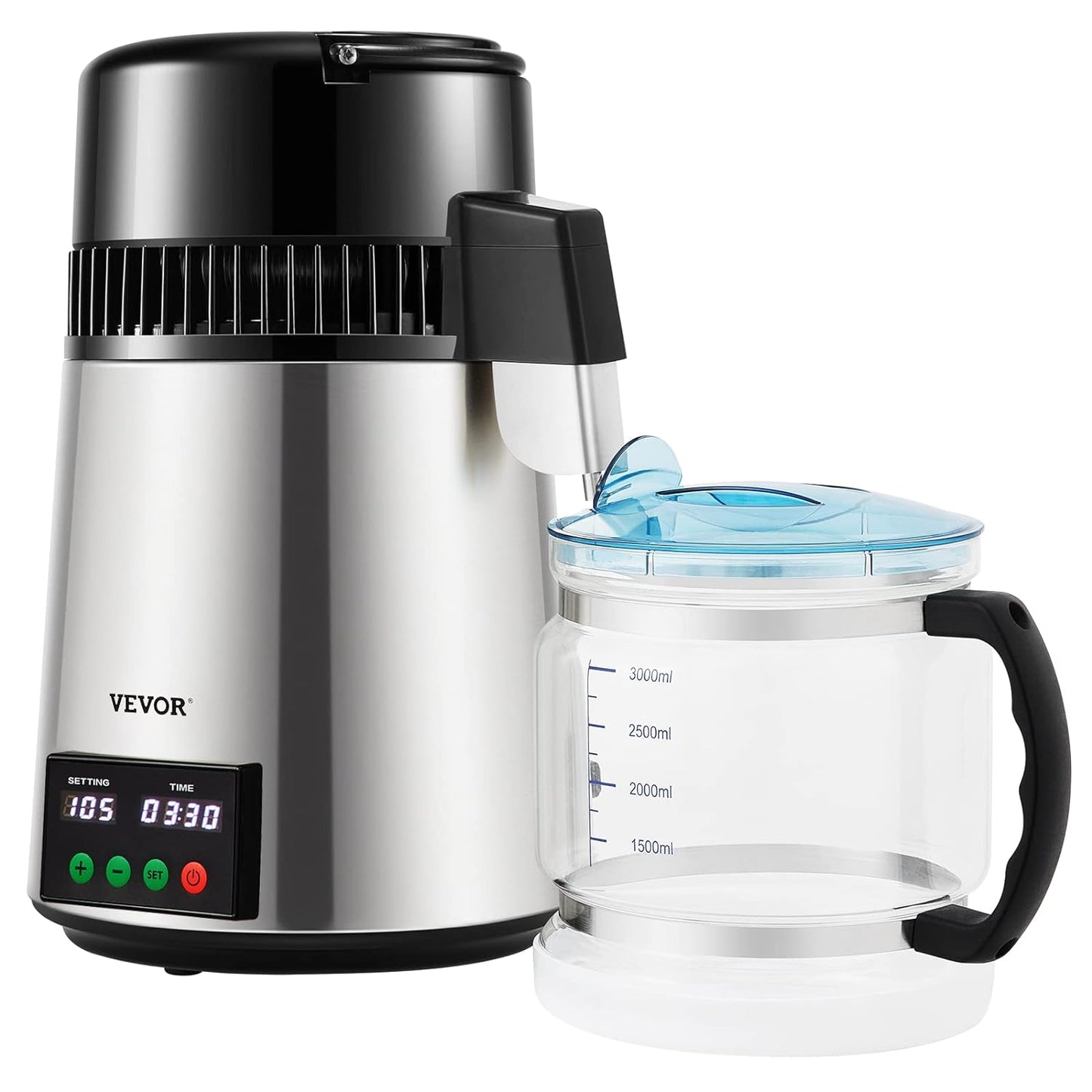 VEVOR 1.1Gal. Water Distiller 0.3Gal./H Distilled Water Maker Machine 750W 0-99H Timing Setting Temp Display Distiller, Silver