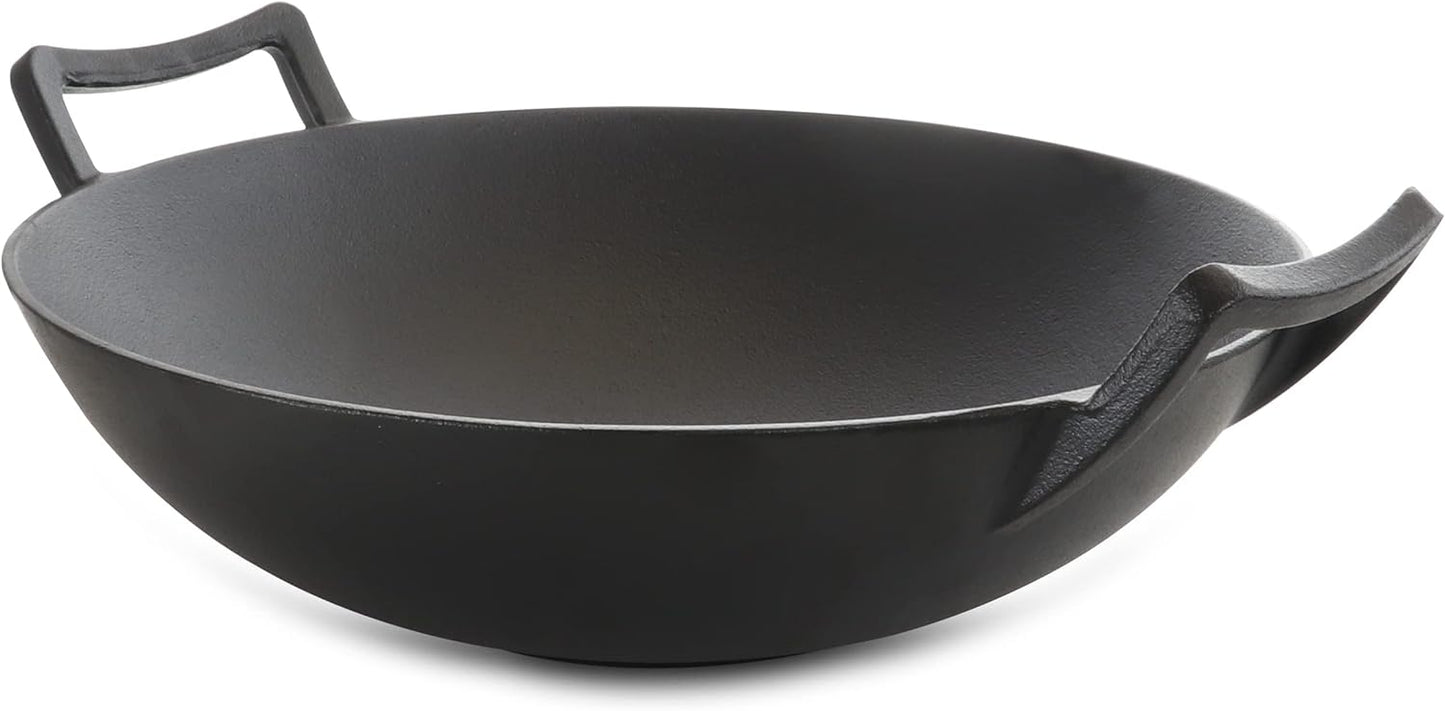 MegaChef 14 in. Heavy Duty Cast Iron Wok with Wood Lid