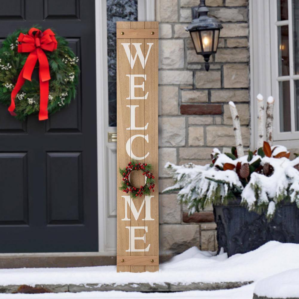 Glitzhome 60 in. H Wooden Welcome Porch Sign with 4 Changable Wreathes (Spring/Patriotic/Fall/Christmas)